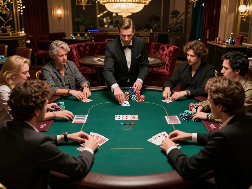 Players engaging in a high-stakes poker game at a luxurious table featuring vibrant chips and cards at a casino, F168 atmosphere