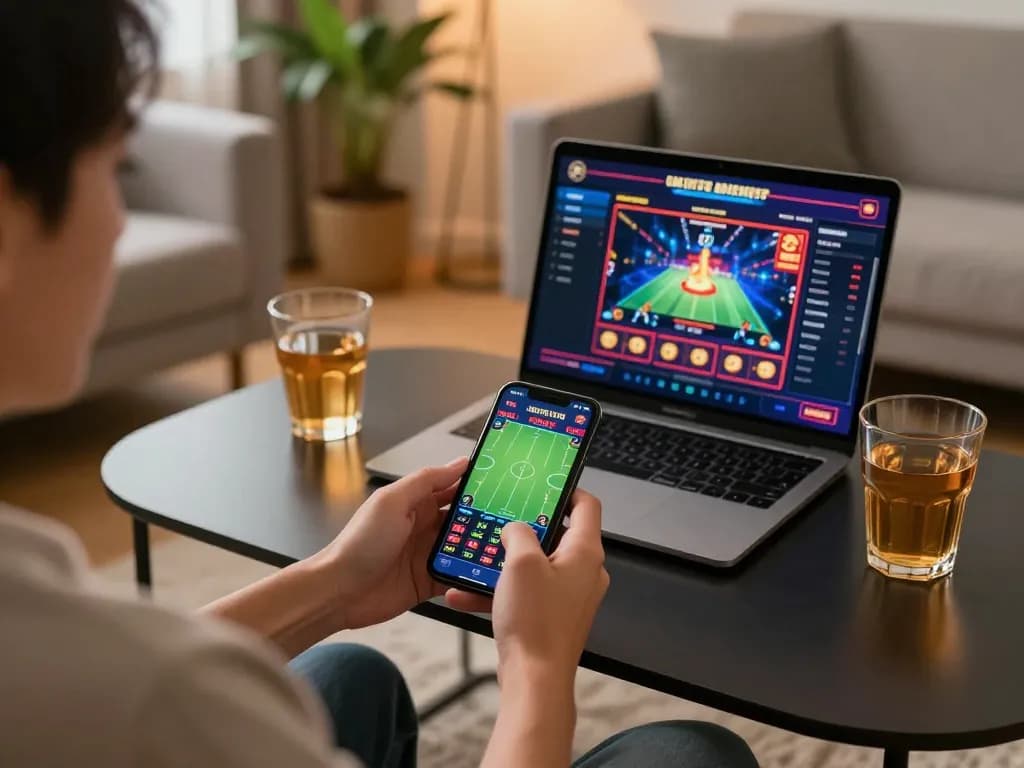 Player enjoying live betting at xo88 on a smartphone amidst a cozy home setup.
