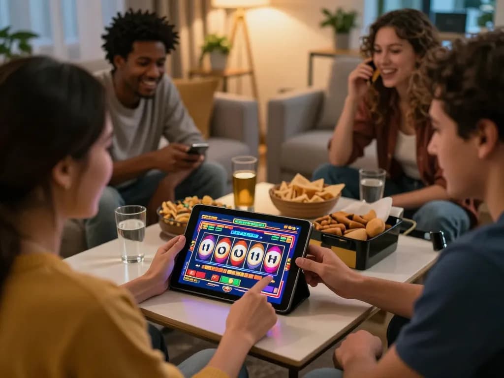 Engaging slot 5k gameplay on a tablet, showcasing colorful reels and friends' excitement in a cozy living room setting