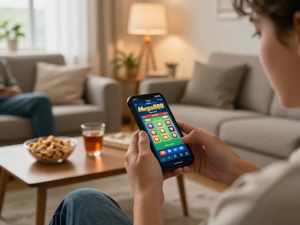 Mega888 players engaging with the app in a cozy living room, showcasing mobile gaming excitement.