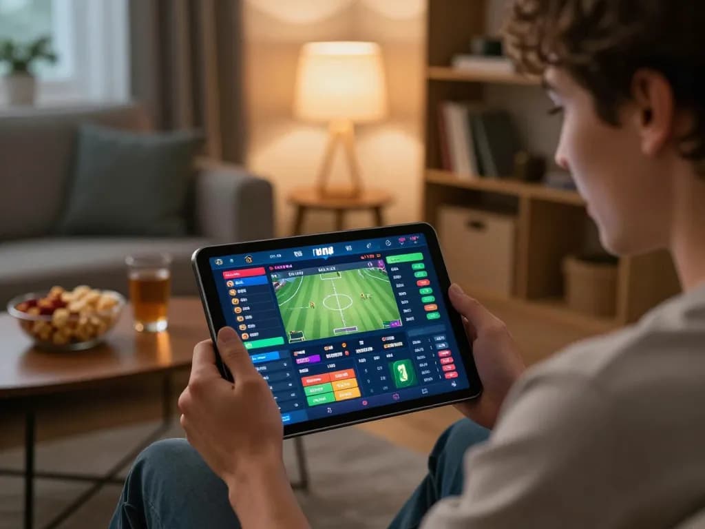 Person engaging in online sports betting at home using MB66, vibrant tablet screen showing live odds.