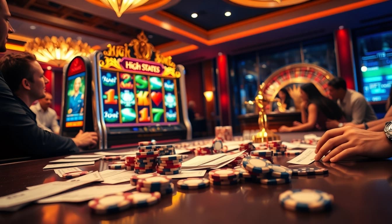 Engaging players at a high-stakes slot online machine in a luxurious casino setting.