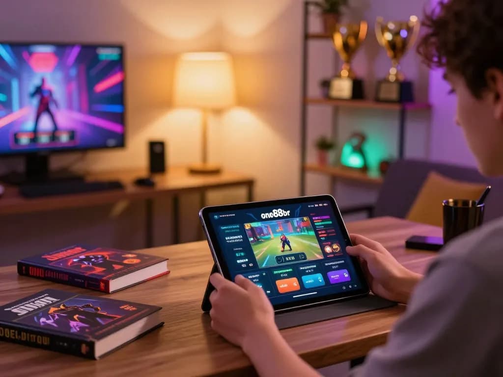 Player engaging with the one88br casino app on a tablet in a modern gaming setup.