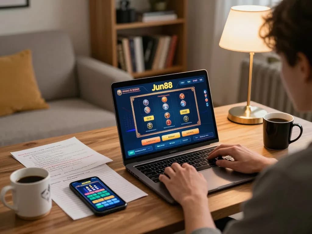 Jun88 online casino gaming experience in a cozy home setting, with player focused on a laptop screen.