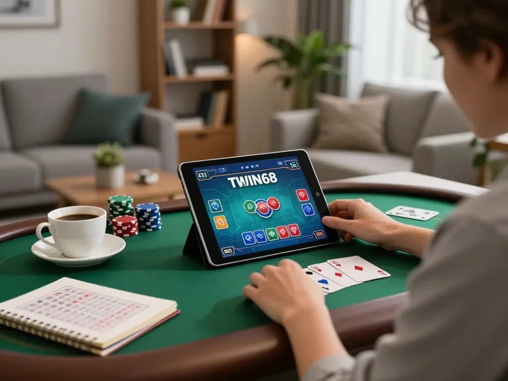 TWIN68 player engrossed in online gambling at home with a tablet and betting strategies.