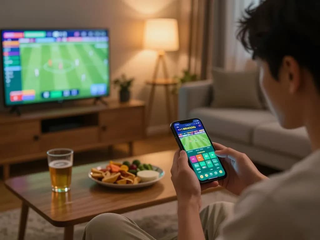 Engaging with ty le keo nha cai in a lively home sports betting scene with smartphone closely monitored