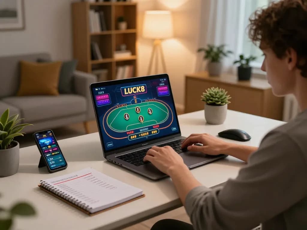 Tham gia trò chơi trực tuyến LUCK8 với laptop, trưng bày lối chơi chiến lược và ứng dụng đặt cược tương tác