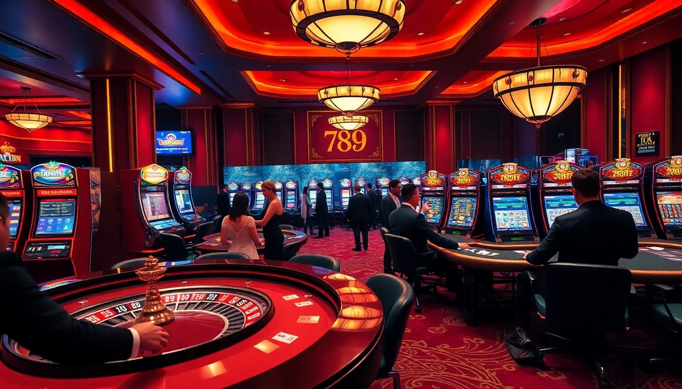 Players enjoying high-stakes games at 789win's luxurious casino tables.