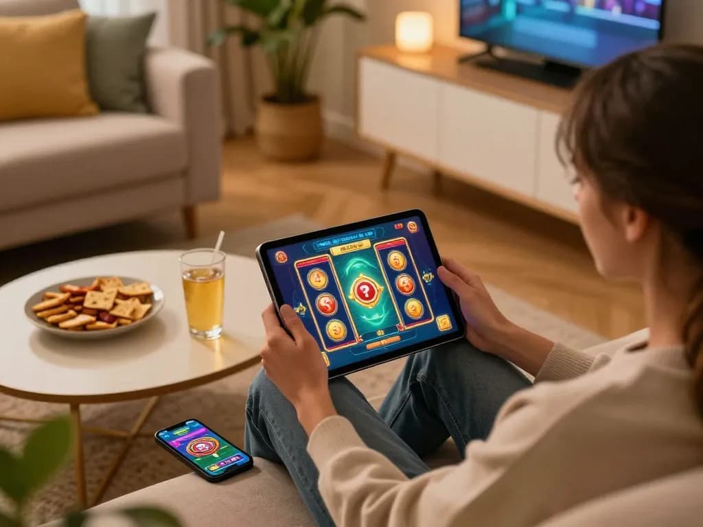Engaging online slot Malaysia game on a tablet in a cozy home setup with strategic snacks nearby.