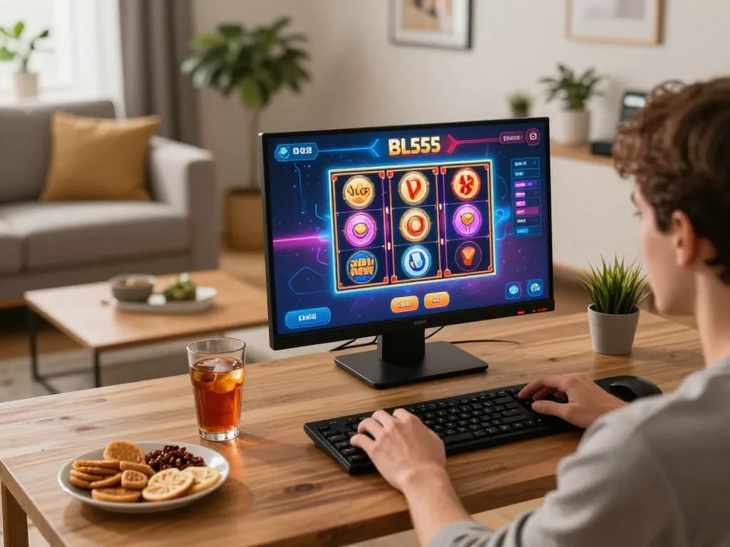 Online gamer enjoying BL555 app with immersive slot experience in cozy atmosphere.