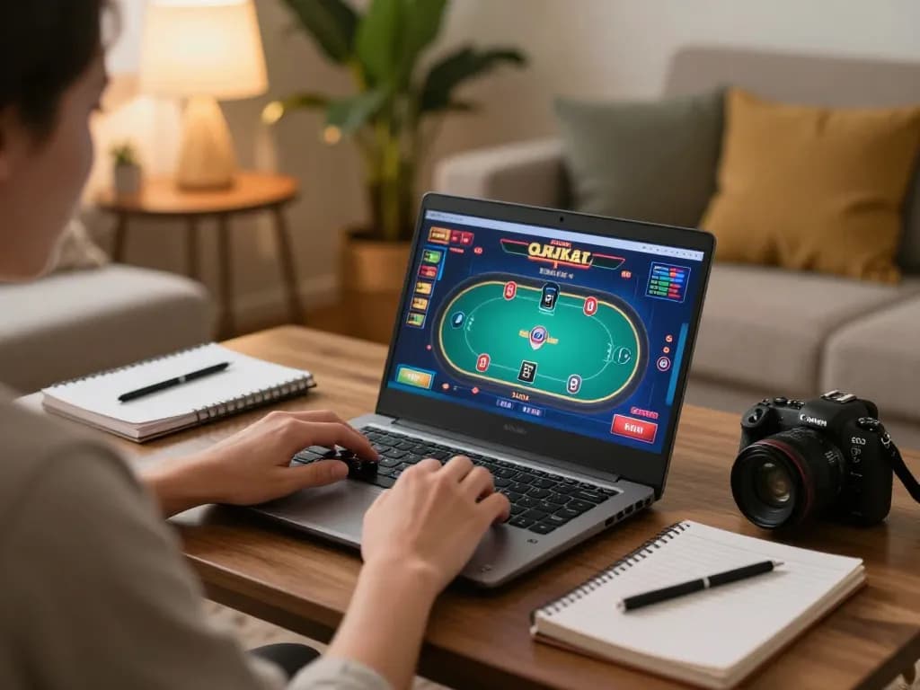 Player enjoying an online poker game on soc88 platform with strategic notes visible.