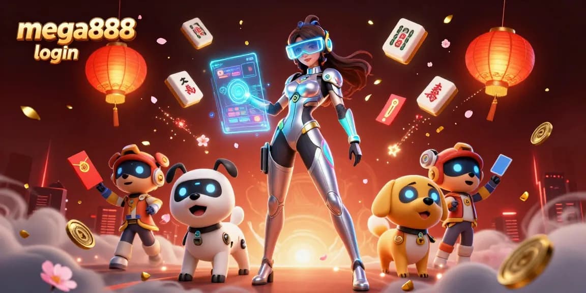 Experience seamless mega888 login and gameplay with the futuristic woman and robotic companion in this vibrant casino scene.
