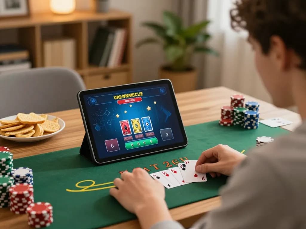 Engaged player experiencing cm88 live blackjack on a tablet in cozy home atmosphere.