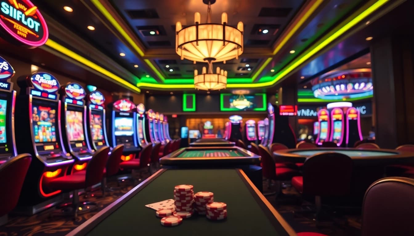 Situs Slot machines illuminating a luxurious casino environment with vibrant neon lights and engaging gaming actions.
