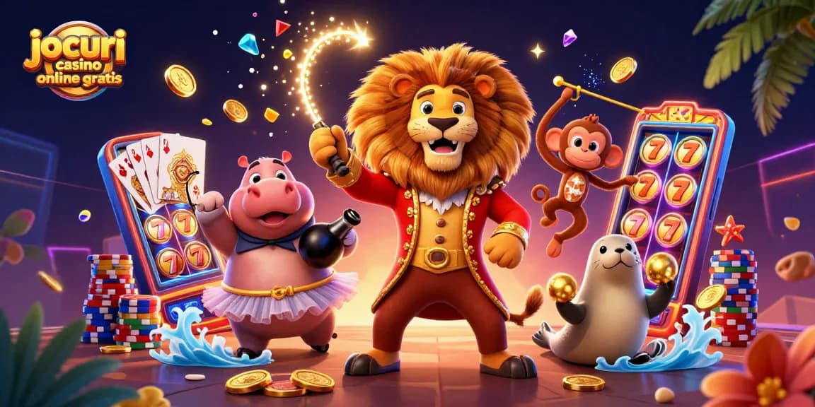 Jocuri casino online gratis: Ilustrare 3D a unui leu ringmaster în mijlocul sloturilor și simbolurilor de câștig.