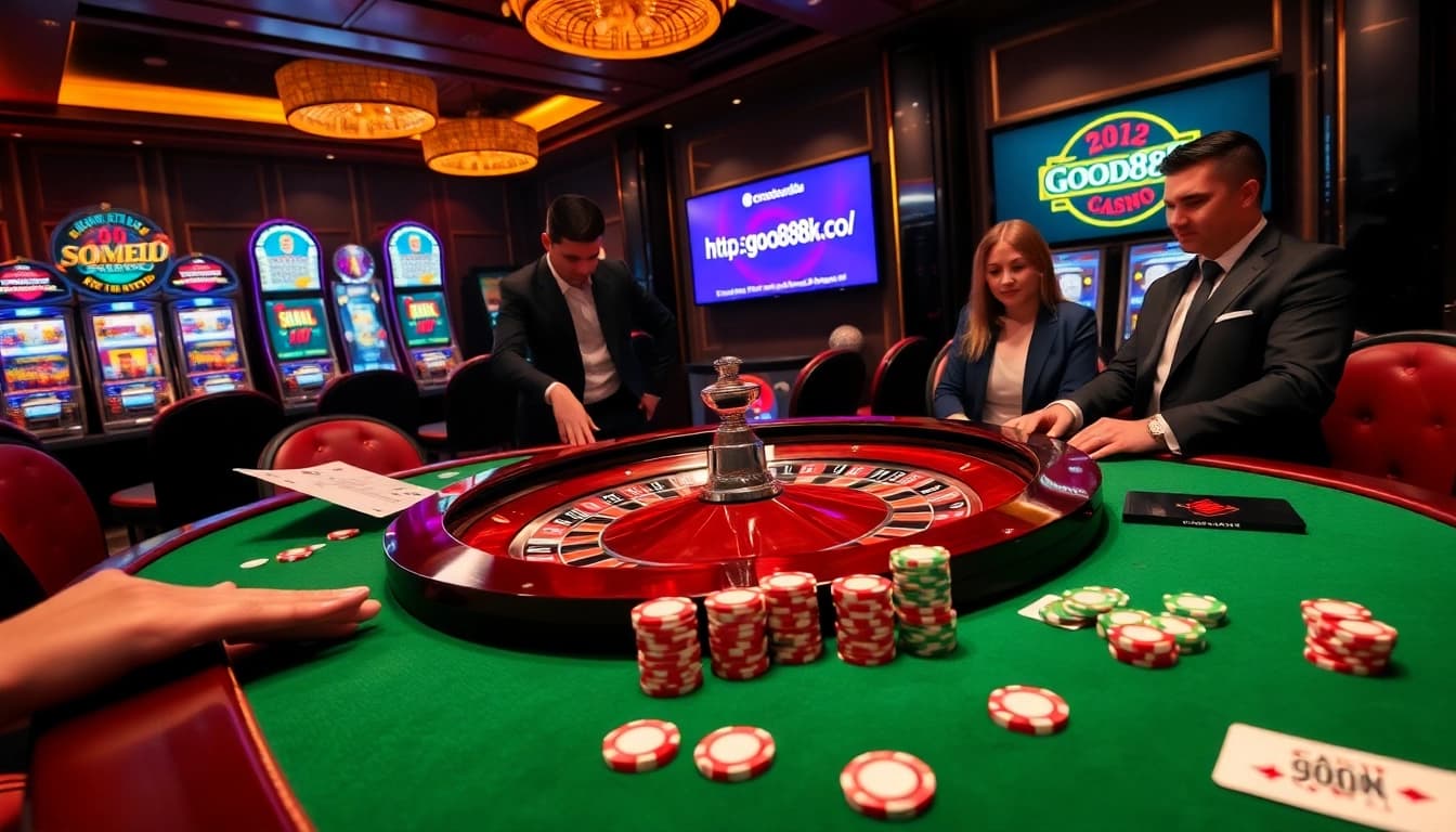 Engage with exciting gaming experiences at https://good88k.co/ showcasing a vibrant casino scene with roulette and poker elements.