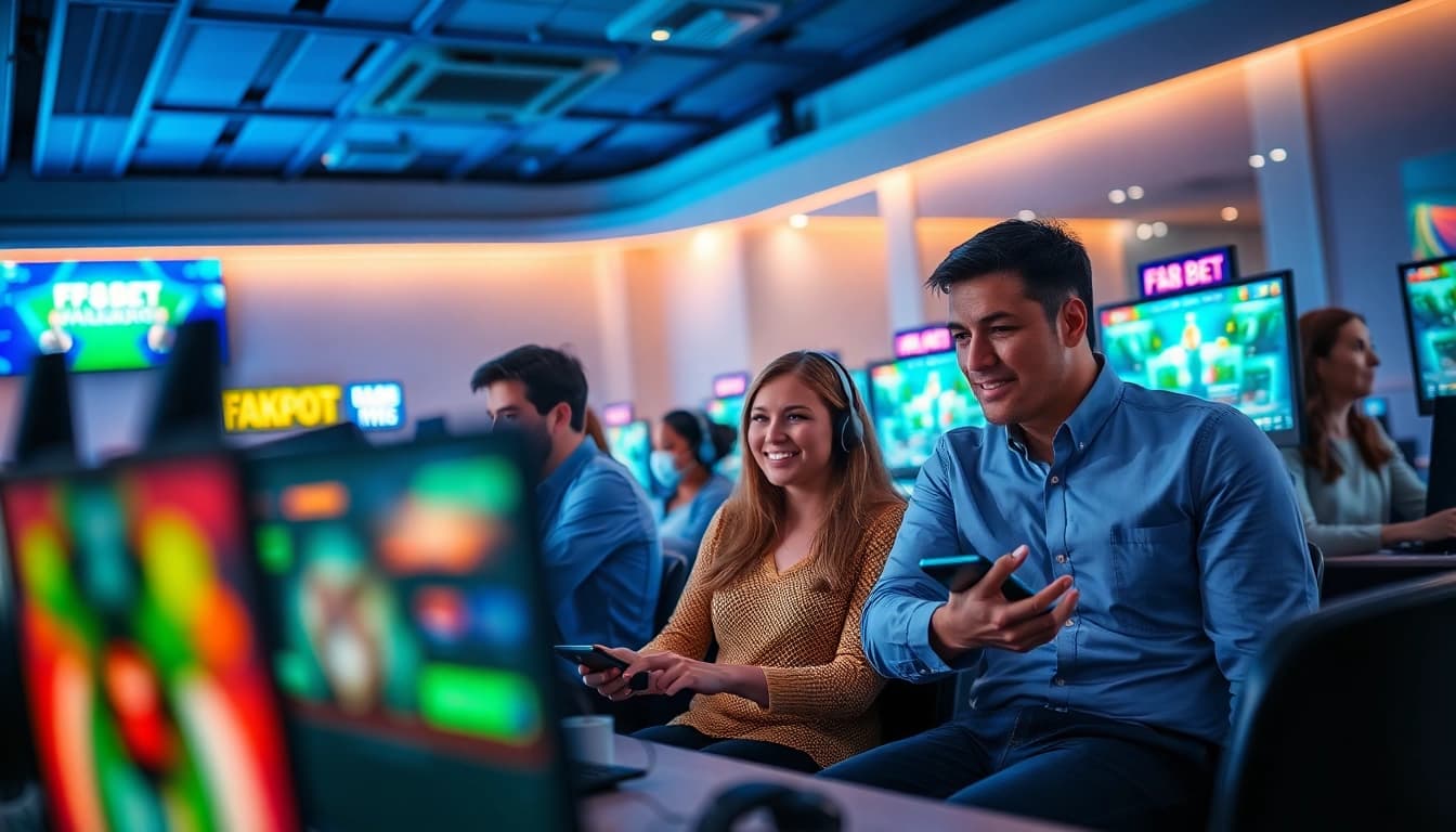 Experience the excitement of F8BET, a premier online gaming platform, featuring players engaging with diverse games in a vibrant setting.