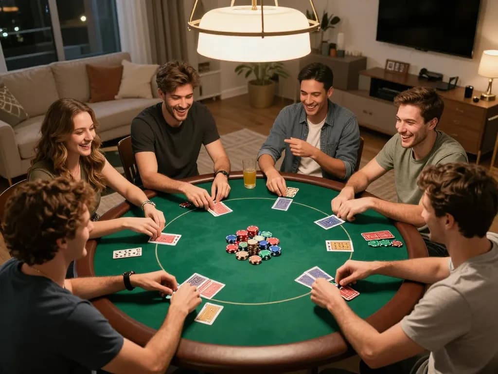 Engaging poker gameplay with friends at home, highlighting social fun and strategy on https://betbdt.art.