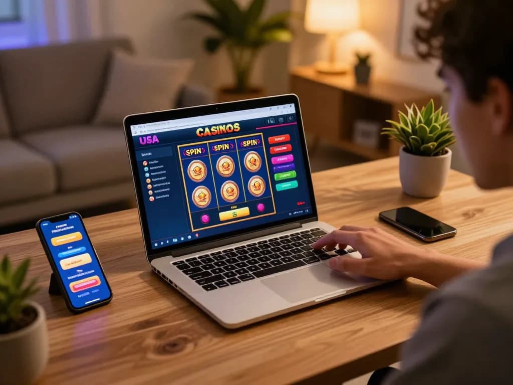 Engaging player using online usa casinos platform on laptop while celebrating a win