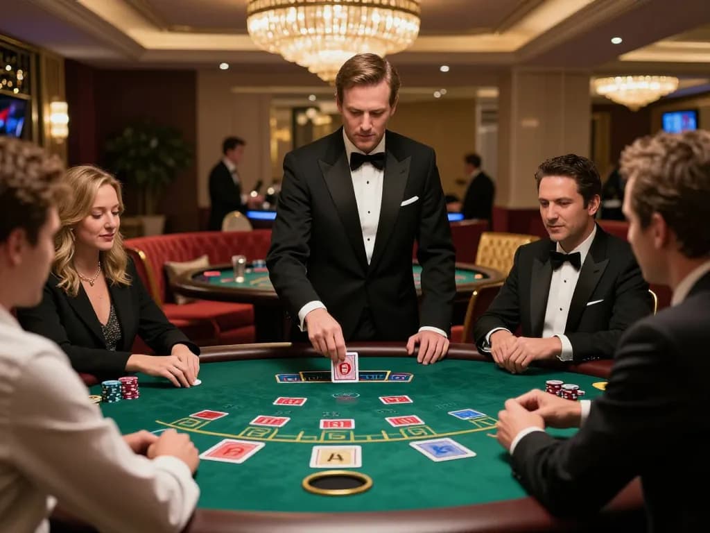 Players at go99com blackjack table strategizing bets amidst an elegant casino setting.