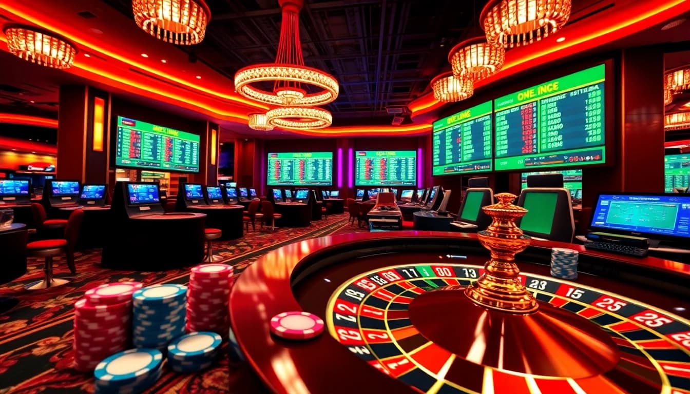 Sbobet link login interface with vibrant betting odds on screens and gaming tables.