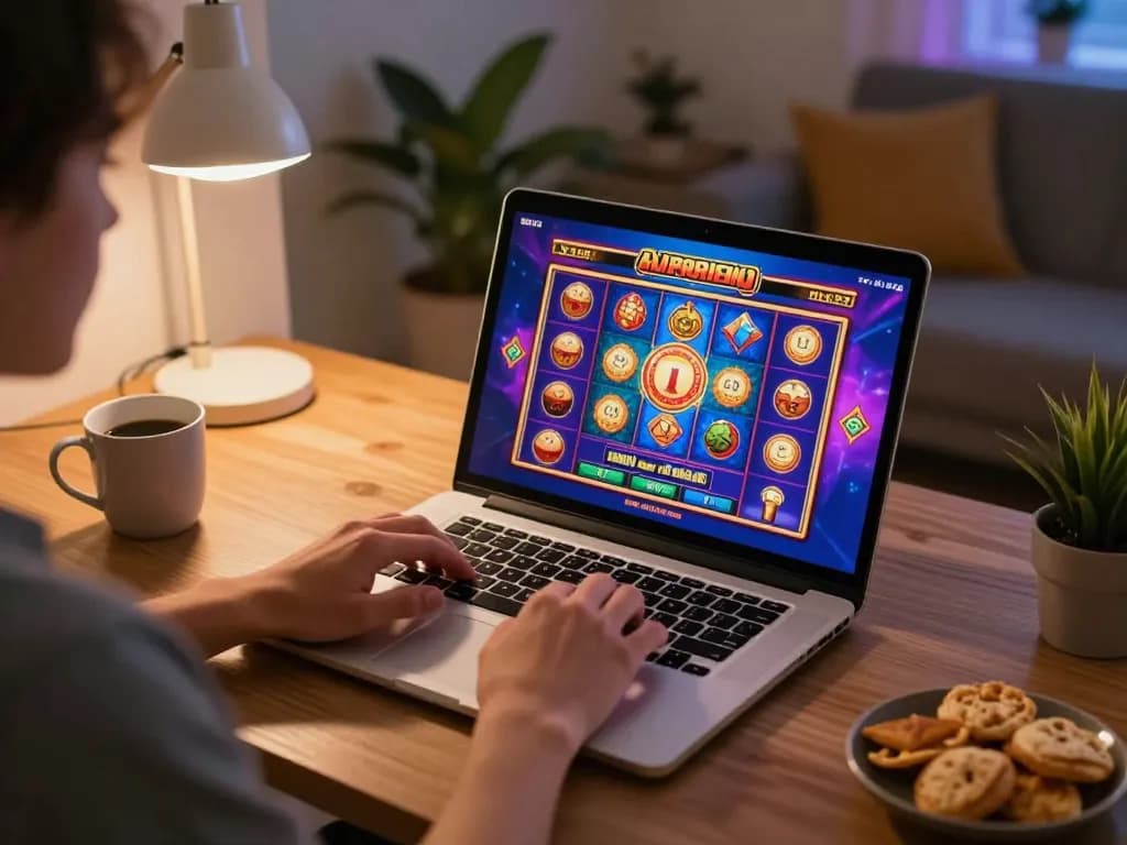 Engaging scene of a person enjoying slot online gameplay on a laptop in a cozy home setting.