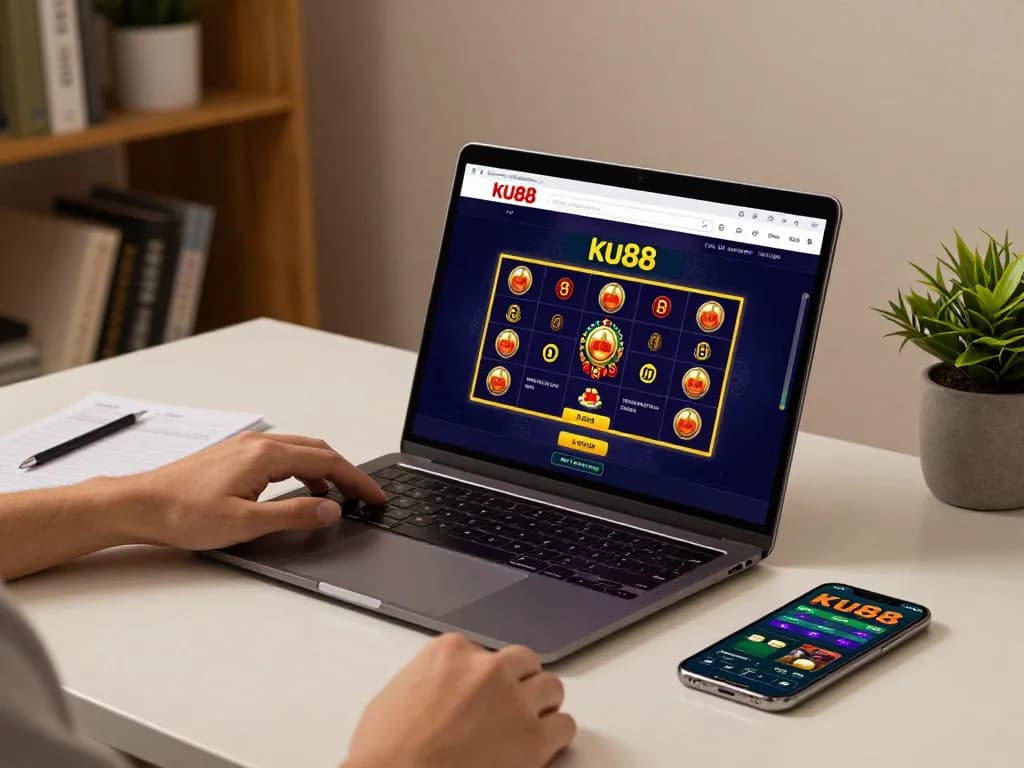 ku88 online gaming setup with laptop and betting notes for responsible gambling.