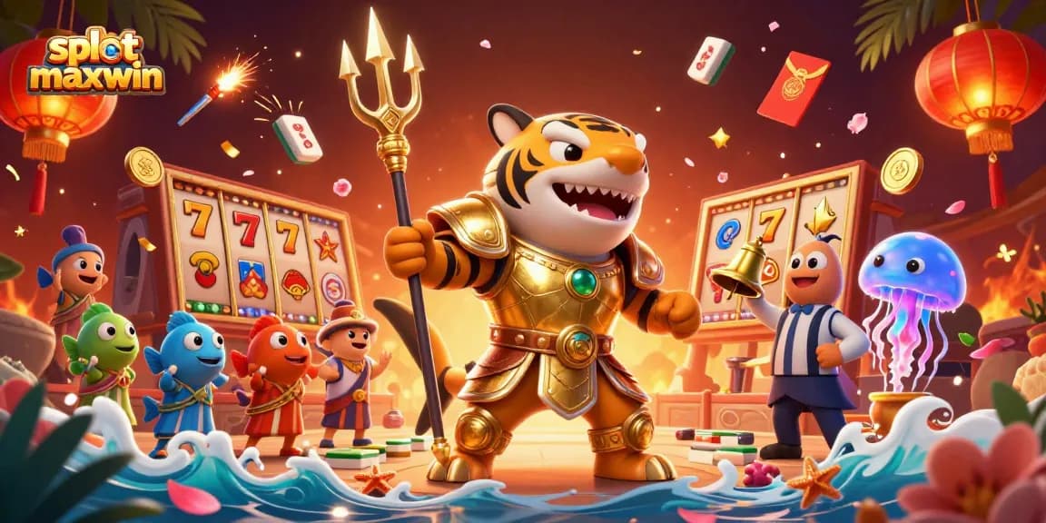 Spin to win at slot maxwin featuring a cartoon tiger shark and vibrant casino elements.