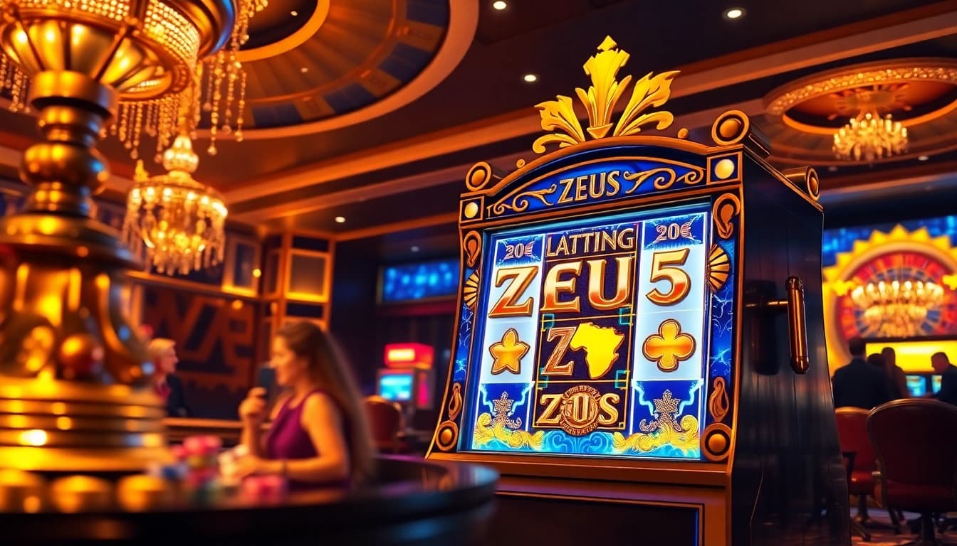 Pemain yang bersemangat terlibat dengan mesin slot zeus yang cerah di tengah suasana kasino yang mewah.