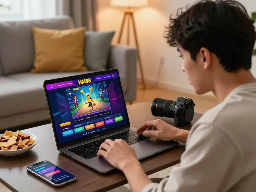 Exciting HM88 bet online betting scene with a user engaging on a laptop, modern living room ambiance.