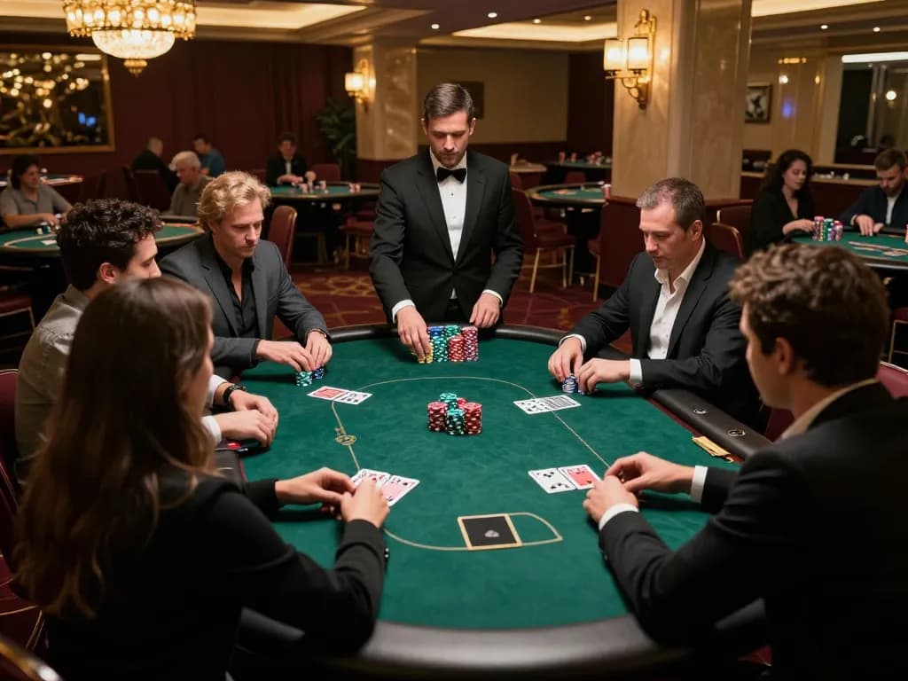 Players engaged in a high-stakes poker game at Bsport, showcasing strategic betting and intense concentration.
