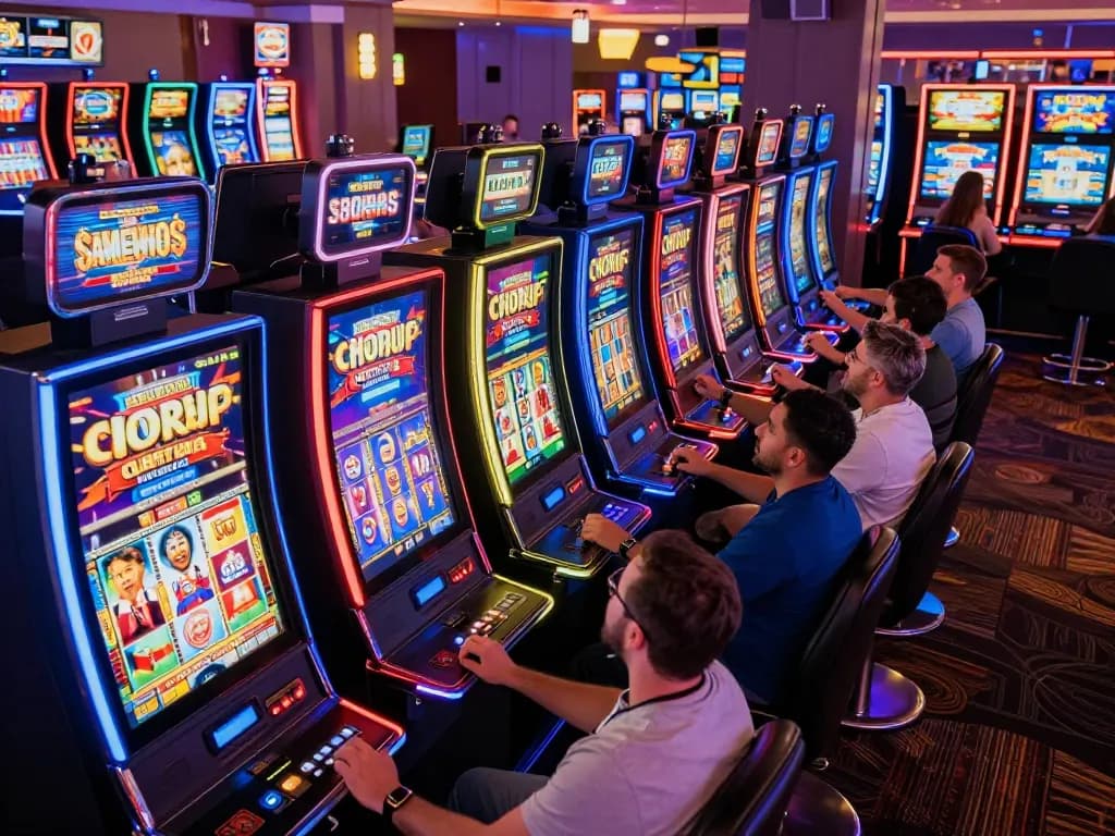 Explore the excitement of kdslot gaming with players at colorful slot machines in a vibrant casino.