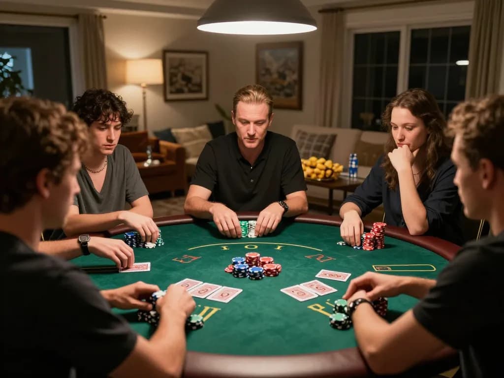 U888 poker enthusiasts enjoying a friendly Texas Hold'em game at home, showcasing strategy and social bonding in a vibrant atmosphere.