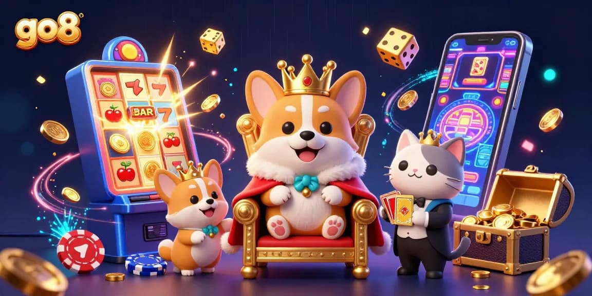 Experience the excitement of go8 with a vibrant 3D illustration of a royal corgi amidst a dynamic casino scene.