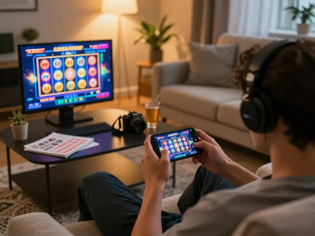 Người chơi thưởng thức ứng dụng casino di động KO66 trong khi tham gia trò chơi slot từ nhà, kết hợp giải trí và chiến lược