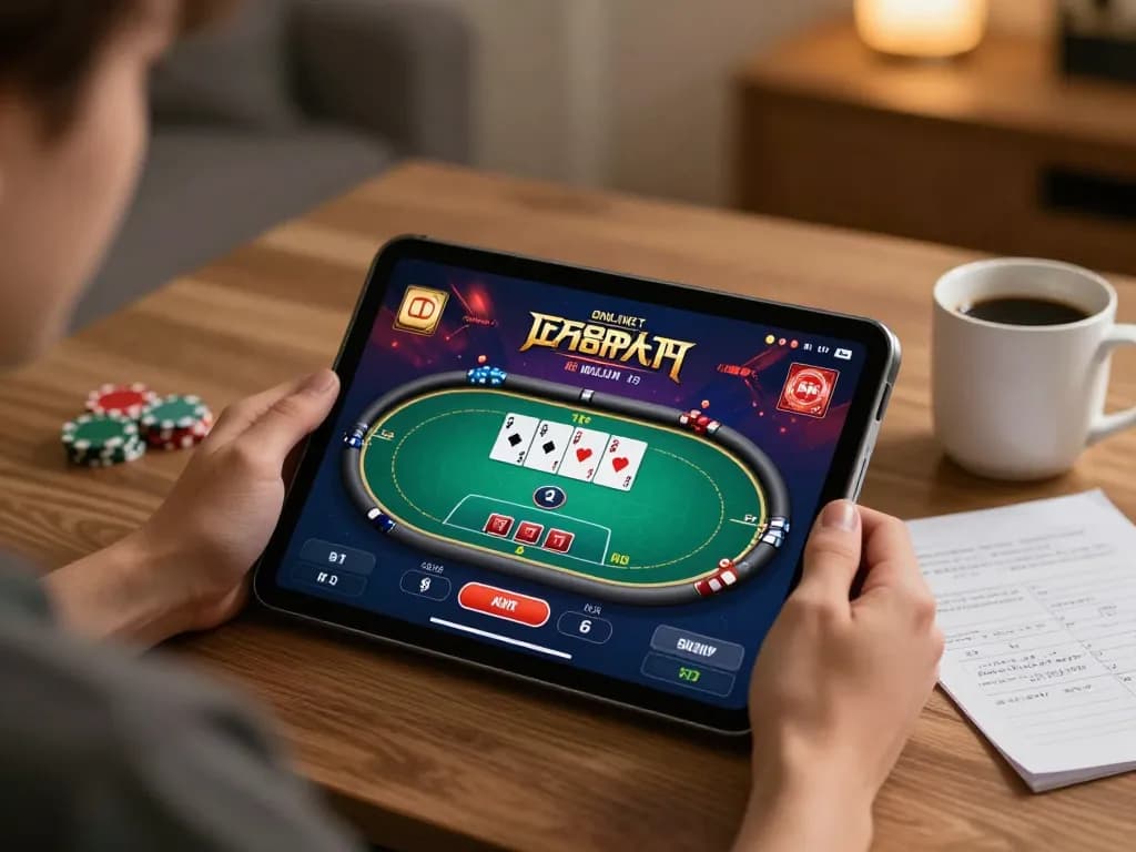 Engaging in online casino gaming, đăng ký process on tablet in a cozy atmosphere.