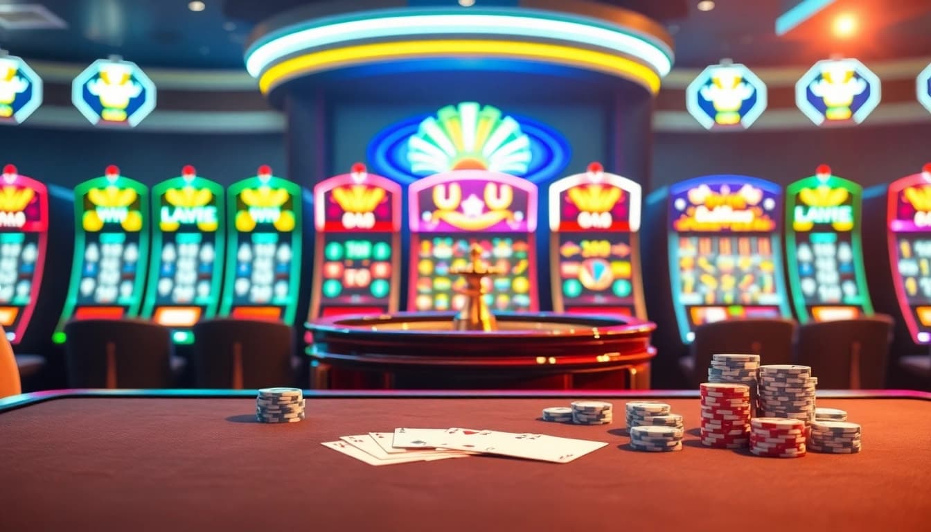 Exciting casino scene at lv88 showcasing high-stakes gambling with vibrant slot machines and roulette.
