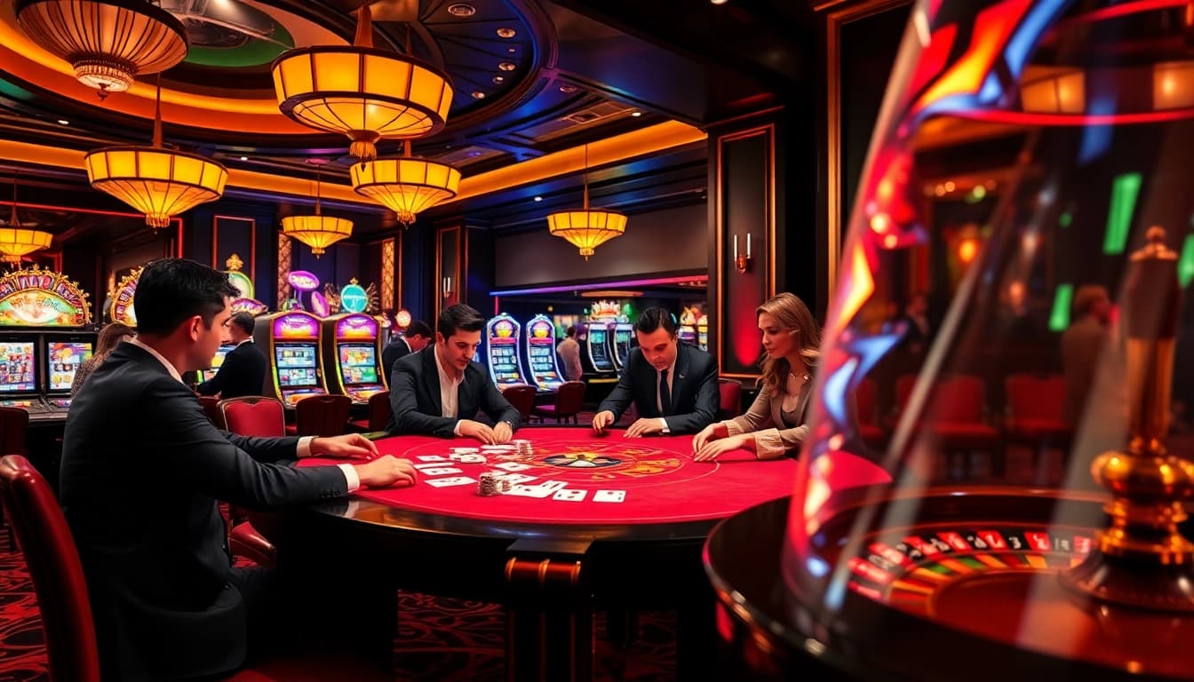NoHu-themed luxurious gambling scene showcasing poker players, vibrant slot machines, and exquisite decor.