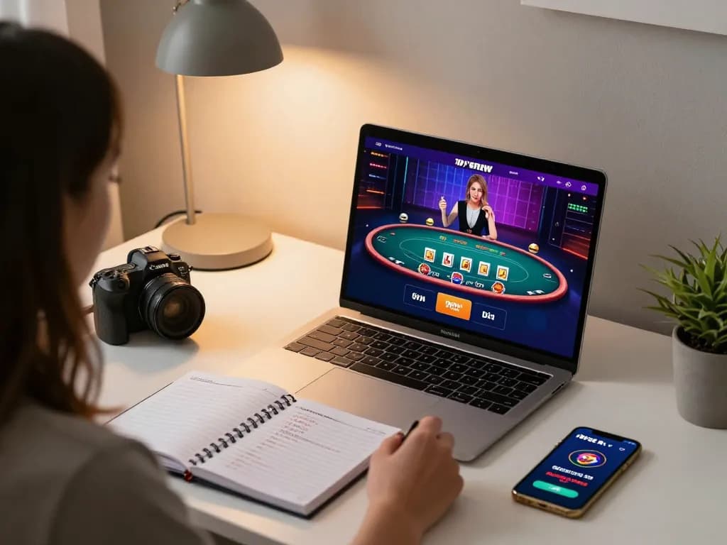 Engaging in iwin online poker gameplay on a stylish home office setup, promoting responsible gambling.