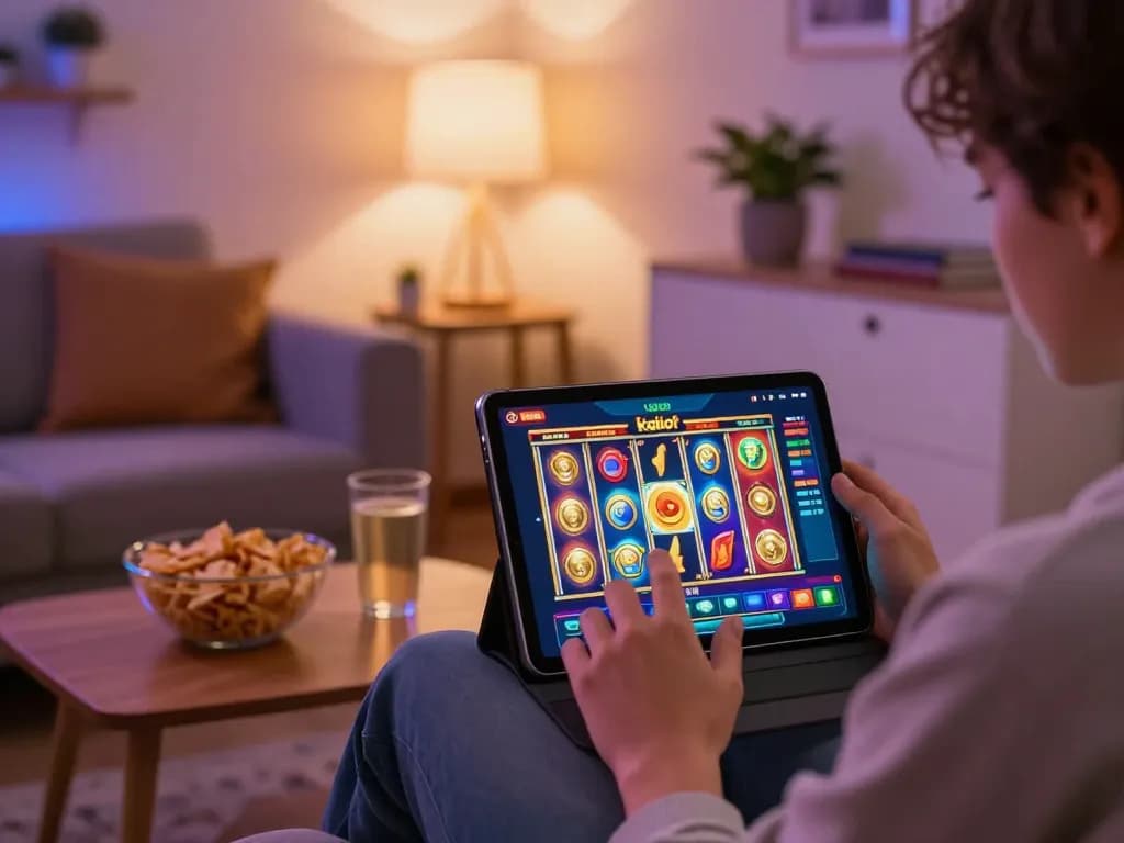 Engaged player spinning kdslot reels on a tablet in a cozy home setup, highlighting online gaming