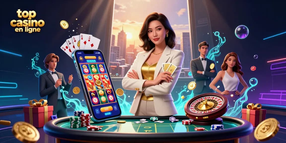 Scène captivante du meilleur casino en ligne mettant en avant une femme d'affaires asiatique et des éléments de jeu dynamiques.