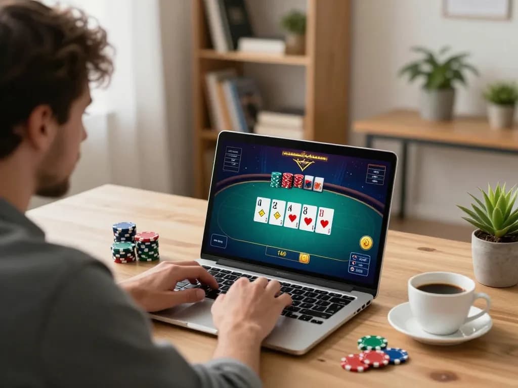 Player engaging in strategic online poker at home, showcasing the trusted agen terpercaya experience.