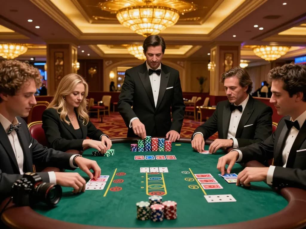 Players enjoying strategic gameplay at 388bet blackjack table in a luxurious Vegas casino.