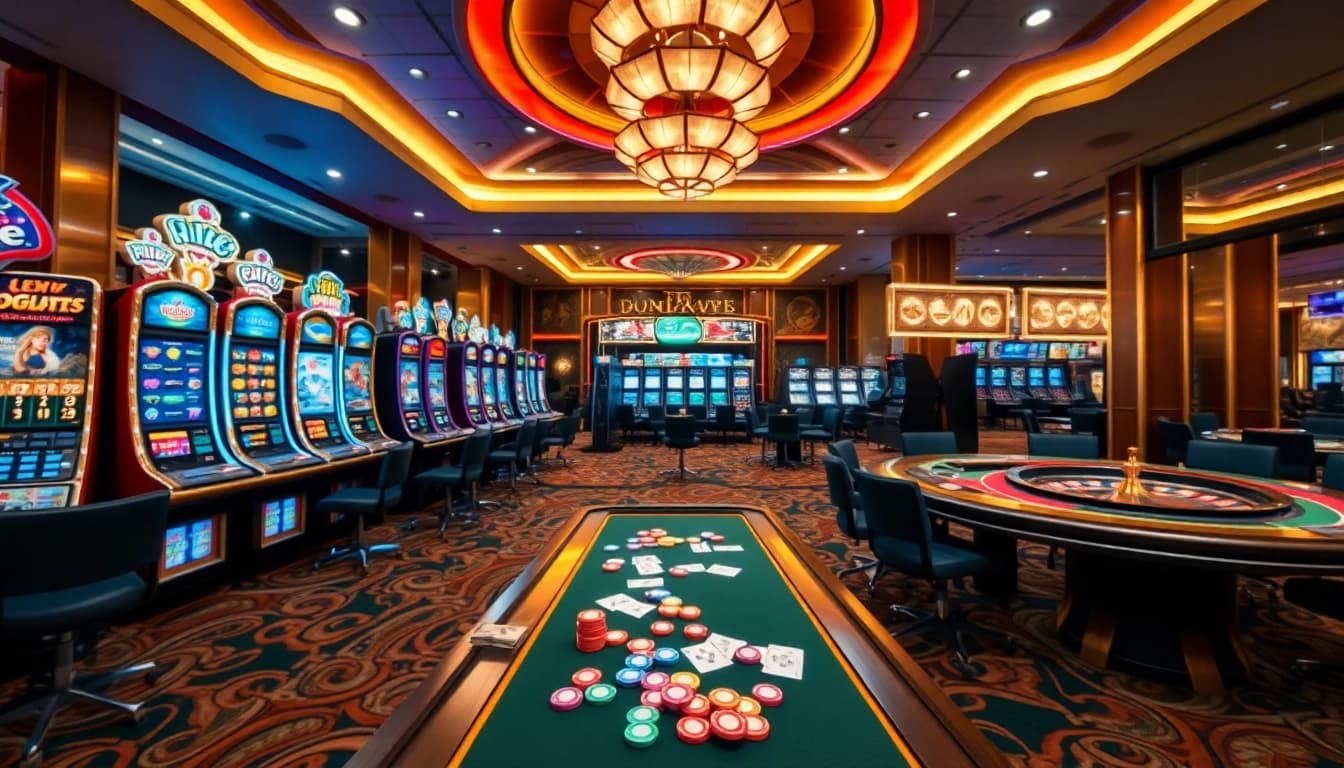 Experience the vibrant gaming excitement at i9bet with luxurious casino tables and slot machines.