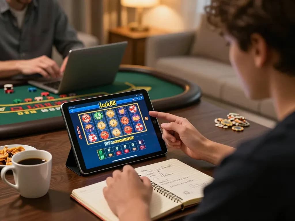The player enjoys an exciting luck88 mobile gaming experience at home, engaging with colorful casino games.