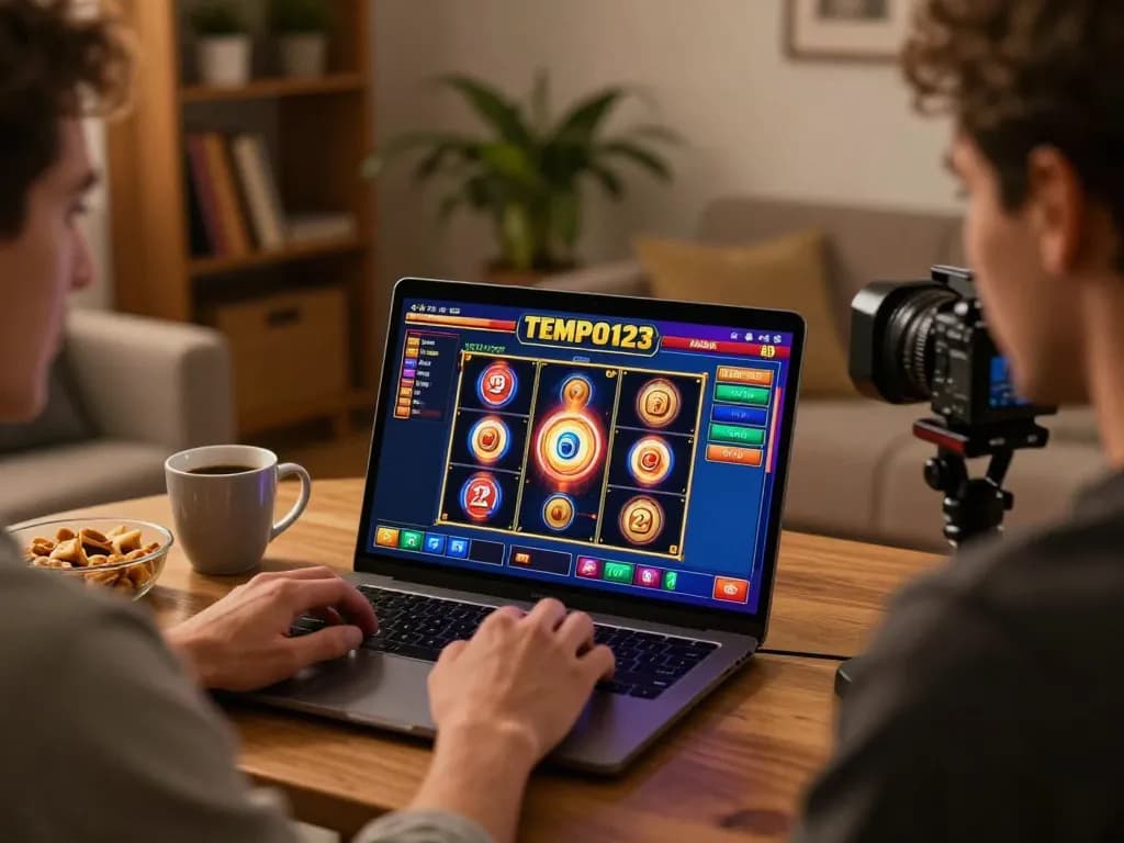Pemain yang mengalami keseruan slot online di Tempo123, dengan senang berinteraksi dengan gulungan yang berputar di lingkungan rumah yang nyaman.