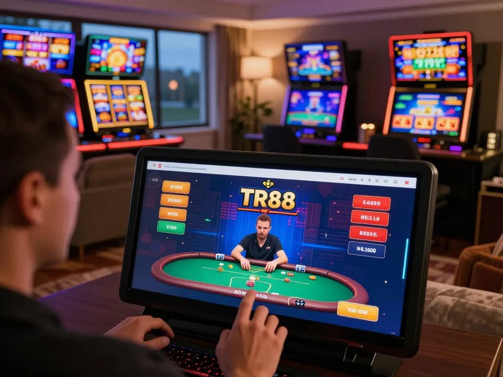 Engaging with TR88 online casino interface showcasing poker and live dealer games in a cozy home setting