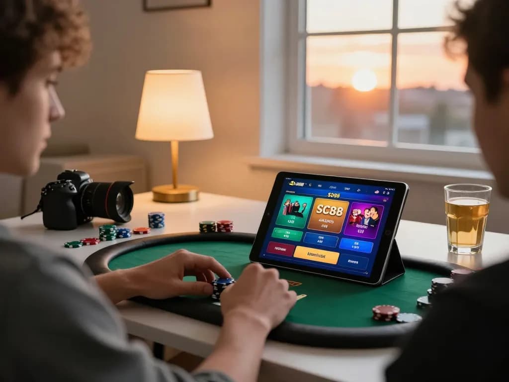 Player engaging with SC88 casino app on tablet in a cozy workspace, showcasing strategic online gambling