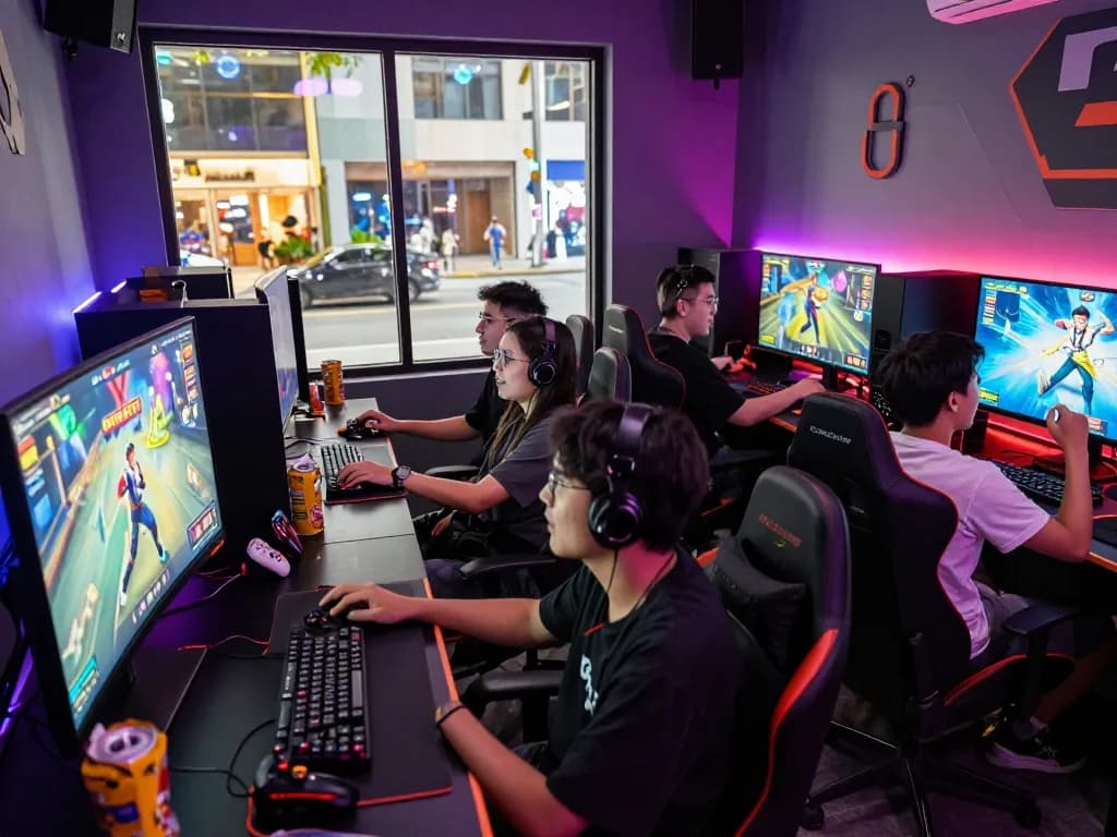 Engaged players enjoying chơi game sunwin trực tuyến with exciting expressions in a vibrant gaming room.