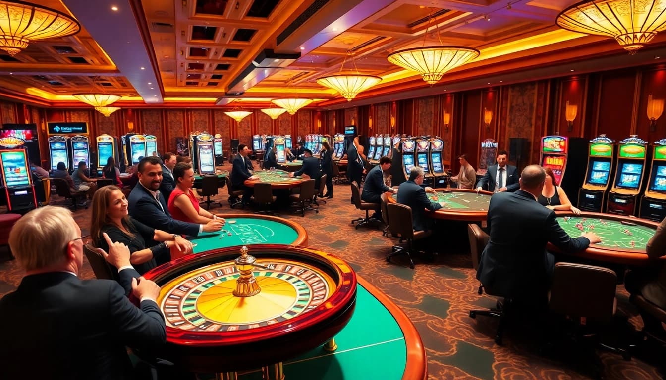 A vibrant casino scene featuring players at tables and slot machines, highlighting the excitement of https://kjc.ad/ and premium gaming experiences.